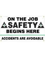Safety Banners: On The Job Safety Begins Here - Accidents Are Avoidable - 28" x 48" 