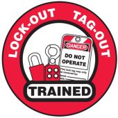 Lock-Out-Tag-Out Trained Hard Hat Sticker, 2-1/4", 10/Pk