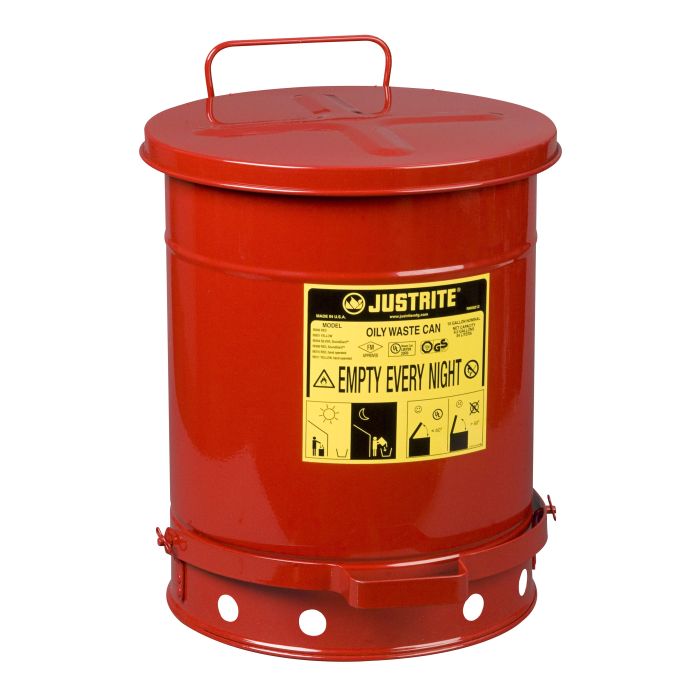 Justrite 09300 Oily Waste Can, 10 gallon, foot-operated self-closing cover, Red