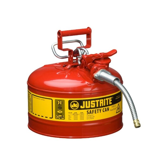 Justrite 7225120 Type II AccuFlow Steel Safety Can For Oil, 2.5 Gallon,5/8" Metal Hose