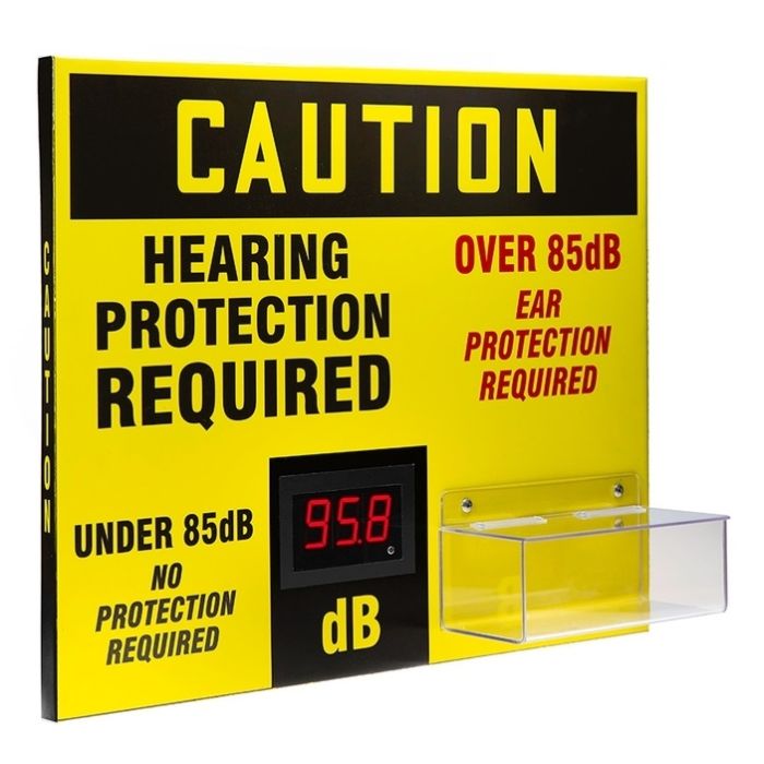 OSHA Caution Decibel Meter Sign With Ear Plug Dispenser - 20" X 24" X 1"