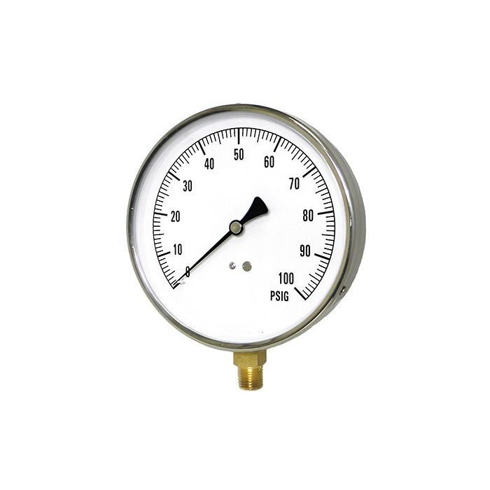 PIC Contractor 4L Series Pressure Gauge, 4-1/2" Dial, Dry, 1/4" NPT Lower Mount Conn., Stainless Steel Case, Brass Internals