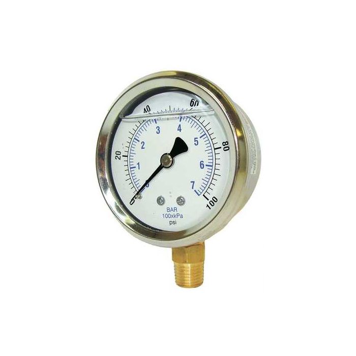 PIC Gauge 201L-158, 1-1/2" Dial, Glycerine Filled, 1/8" Lower Mount Conn., Stainless Steel Case and Bezel, Brass Internals