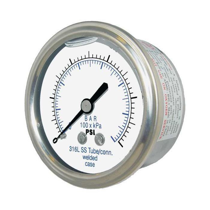 PIC Gauge 302LFW-204, 2" Dial, Glycerine Filled, 1/4" Center Back Mount Conn., Stainless Steel Case, 316 Stainless Steel Internals