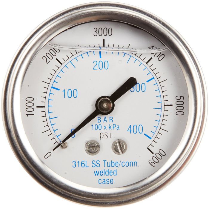 PIC Gauge 303LFW-204, 2" Dial, Glycerine Filled, 1/4" Center Back Mount w/ U-Clamp Conn., Stainless Steel Case, 316 Stainless Steel Internals