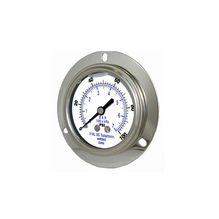 PIC Gauge 304LFW-204, 2" Dial, Glycerine Filled, 1/4" Center Back Mount w/ Front Flange Conn., Stainless Steel Case, 316 Stainless Steel Internals