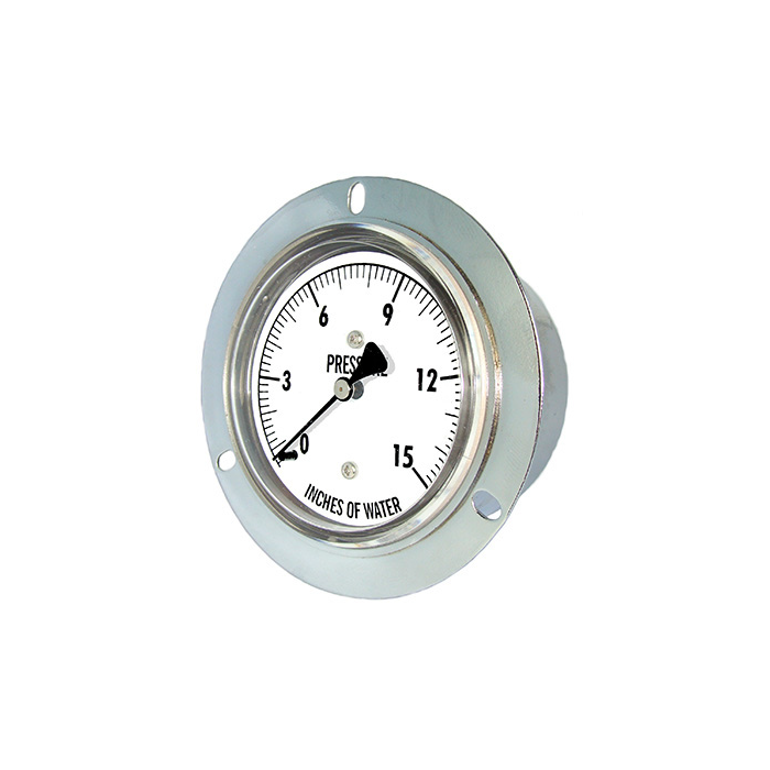 PIC Gauge LP4 Series, Low Pressure, 2-1/2" Dial, 1/4" Center Back Mount w/ Front Flange Conn., Chrome Plated Steel Case, Brass Internals