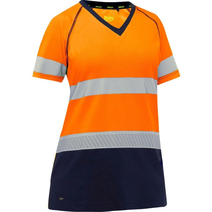 PIP Bisley Hi Vis Orange ANSI Type R Class 2 Women's Short Sleeve T-Shirt with Navy Bottom