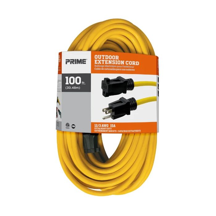 Prime EC500835 - 12/3 SJTW Outdoor Yellow Extension Cord - 100 Ft