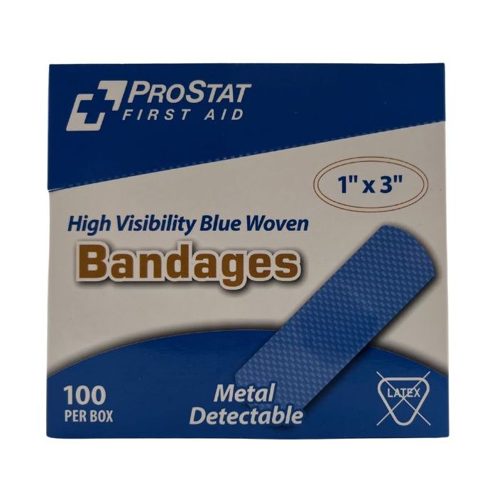 ProStat 2960 Hi Visibility Metal Detectable Blue Woven 1" x 3" Bandages - 100 Count