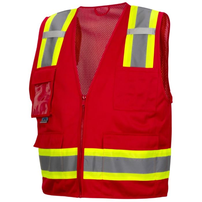 Pyramex RVZ2427CP Non-ANSI Red Surveyor Safety Vest - Clear Front Pocket 